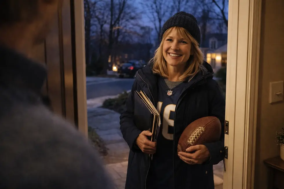 Front door opening to welcome a smiling neighbor holding records on a winter evening
