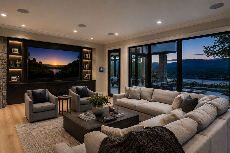 Modern media room with architectural in-ceiling speakers and panoramic Hudson Valley views