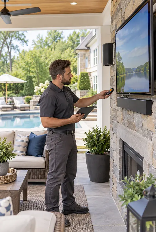 Technician servicing an outdoor television and entertainment system at a Short Hills, NJ home