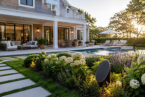 Bollard style outdoor speaker placed in landscaped yard in a Bridgehampton luxury home