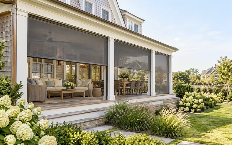 Motorized exterior shades lowered across a covered porch at a luxury Livingston, NJ home