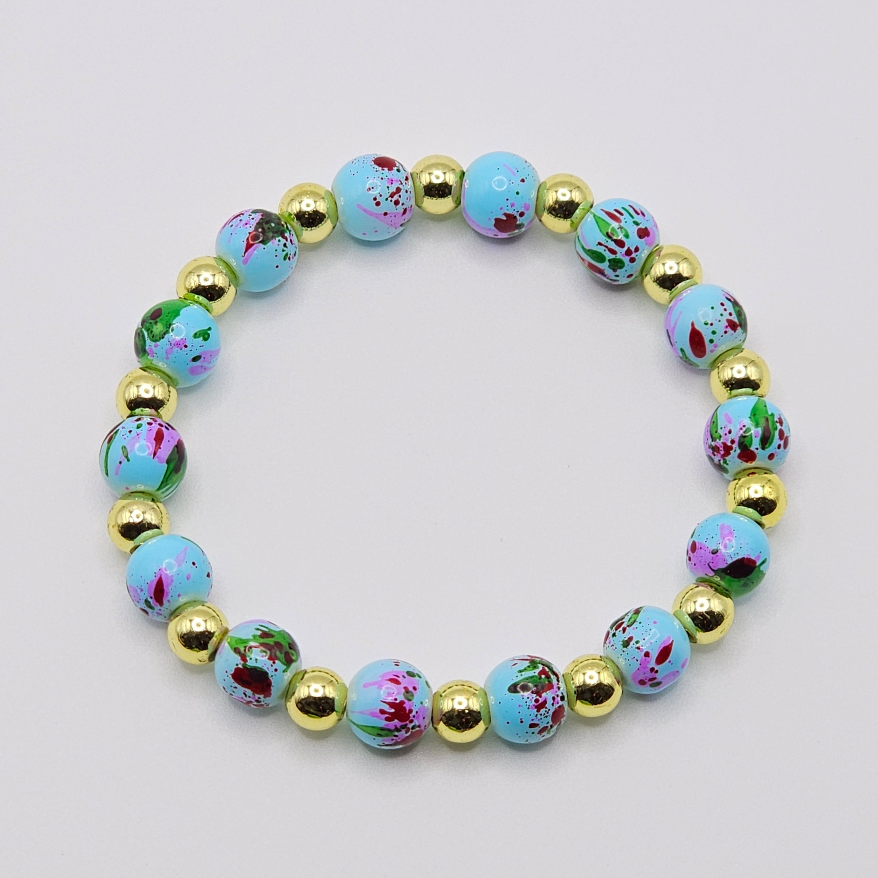6 Handcrafted Splash Painted Sky Blue Glass Bead Stretch Bracelet