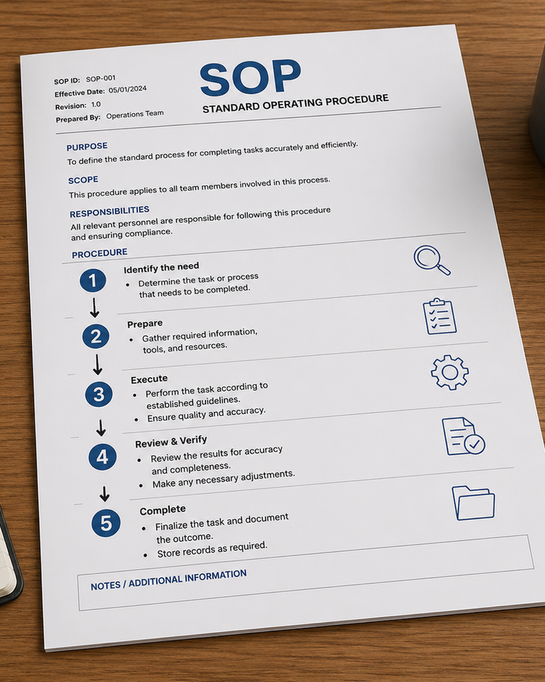 Portrait photo of a printed SOP (Standard Operating Procedure) document on a wooden desk with office items around it.