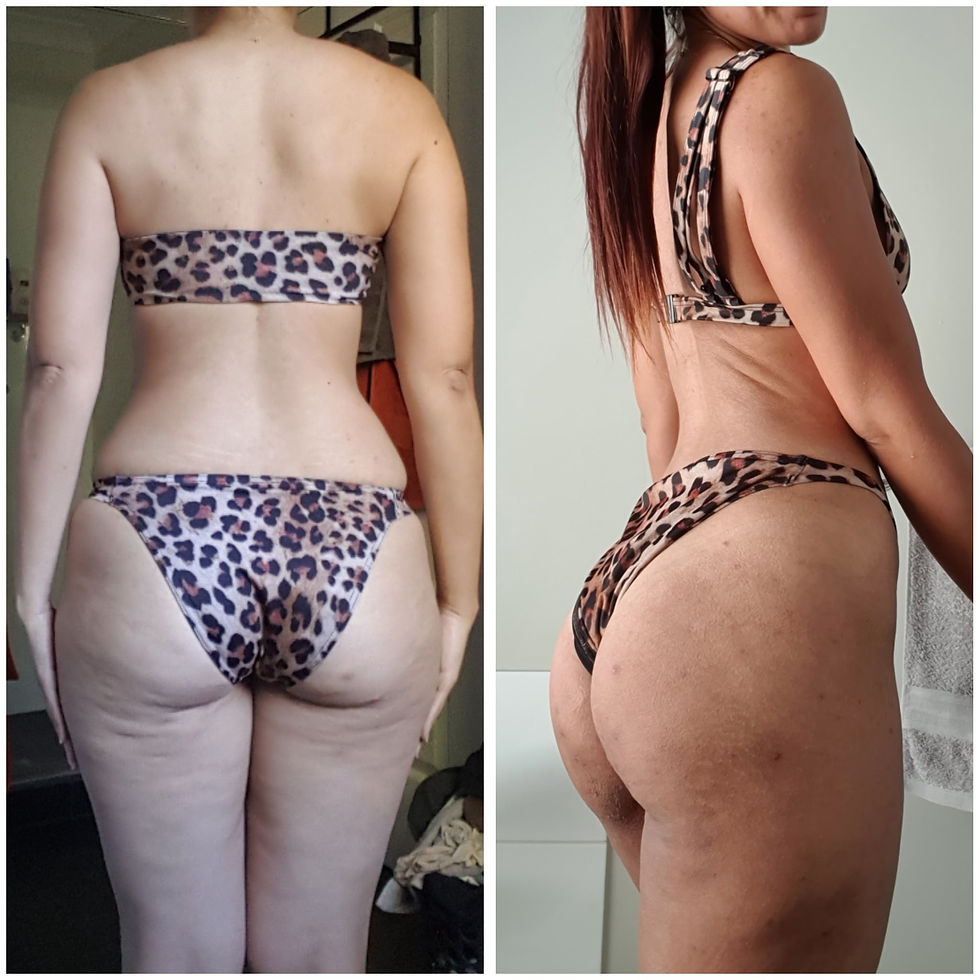 Female fat loss transformation photo with bikini body.