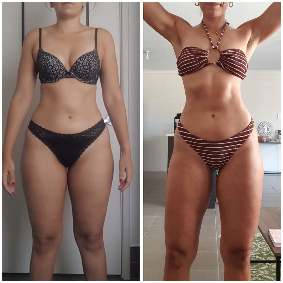Female fat loss and tone up bikini body transformation photo.