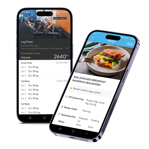 Online personal training app showing meal plan ideas and workout video.