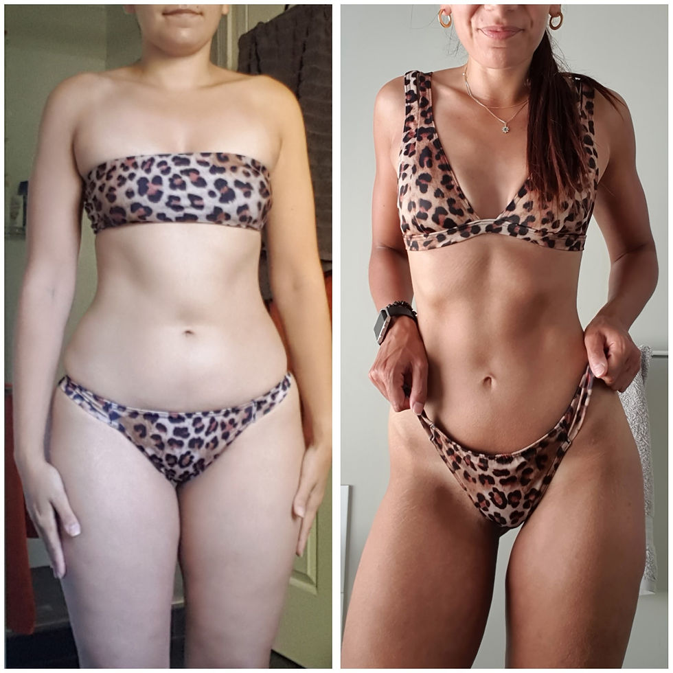 Female fat loss transformation photo showing abs and bikini body.