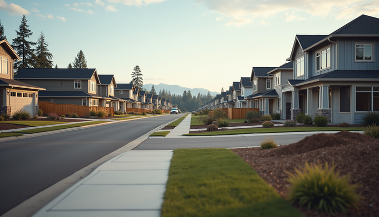 Eye-level view of new homes under construction in Pierce County neighborhood
