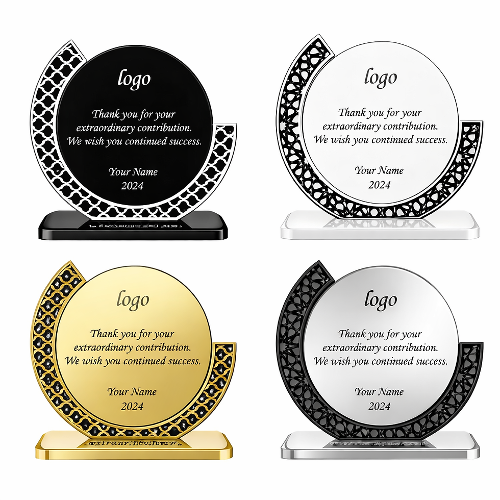 •	Custom acrylic trophy award with modern layered design in gloss and mirror finishes
