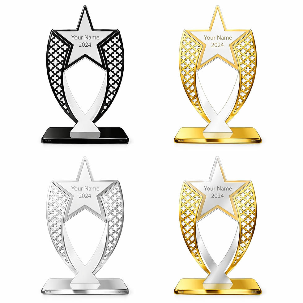 Thumbnail: •	Custom acrylic trophy award with modern layered design in gloss and mirror finishes