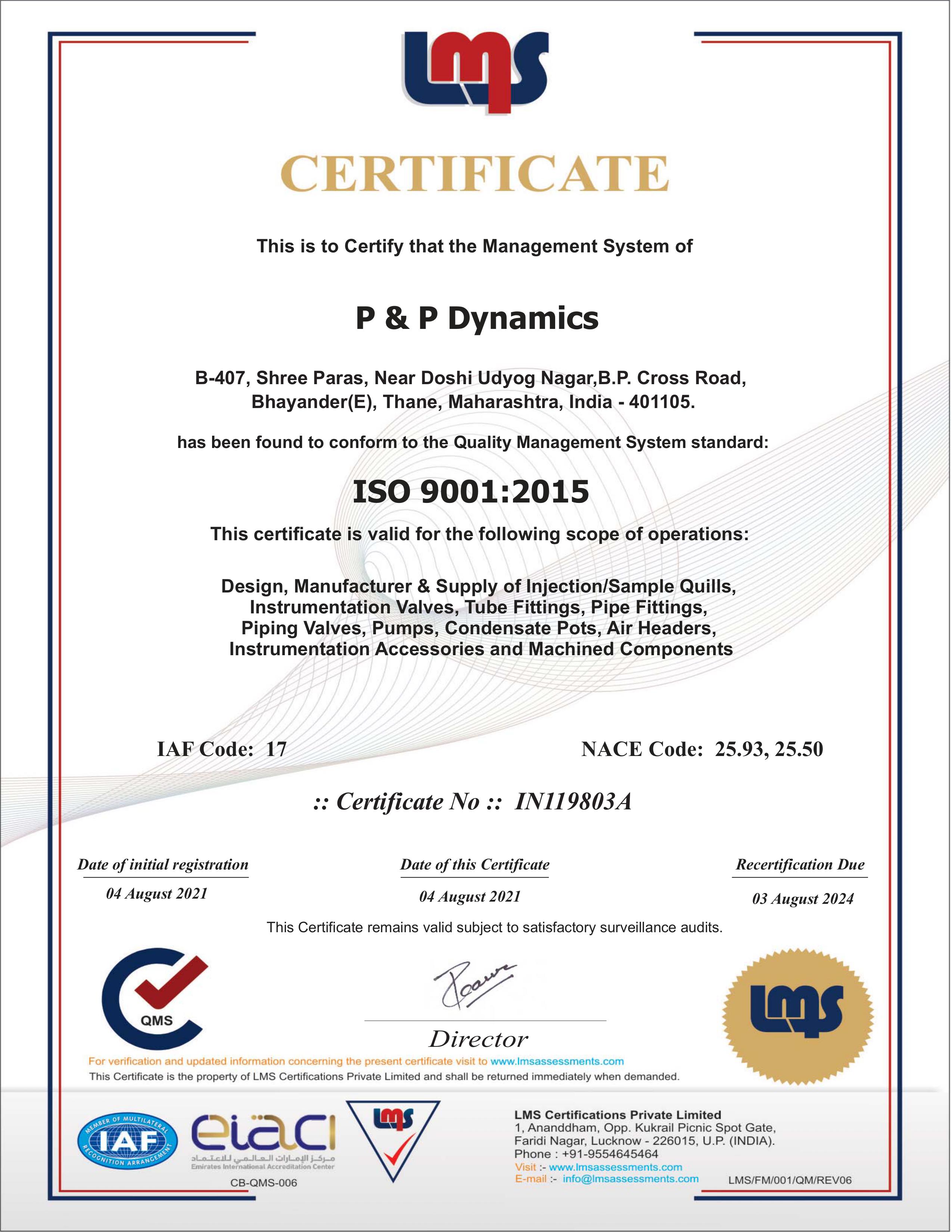 P&P Dynamics ISO 9001:2015 certificate