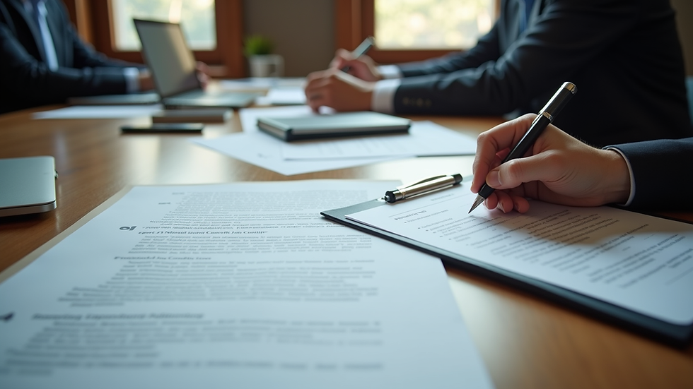 High angle view of a business meeting with contract documents and laptops