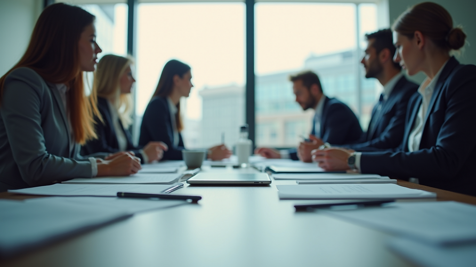 Eye-level view of a conference room with professionals discussing documents