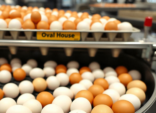 fresh white and brown chicken eggs sorting on conveyor belt with Oval House name on eggs_e