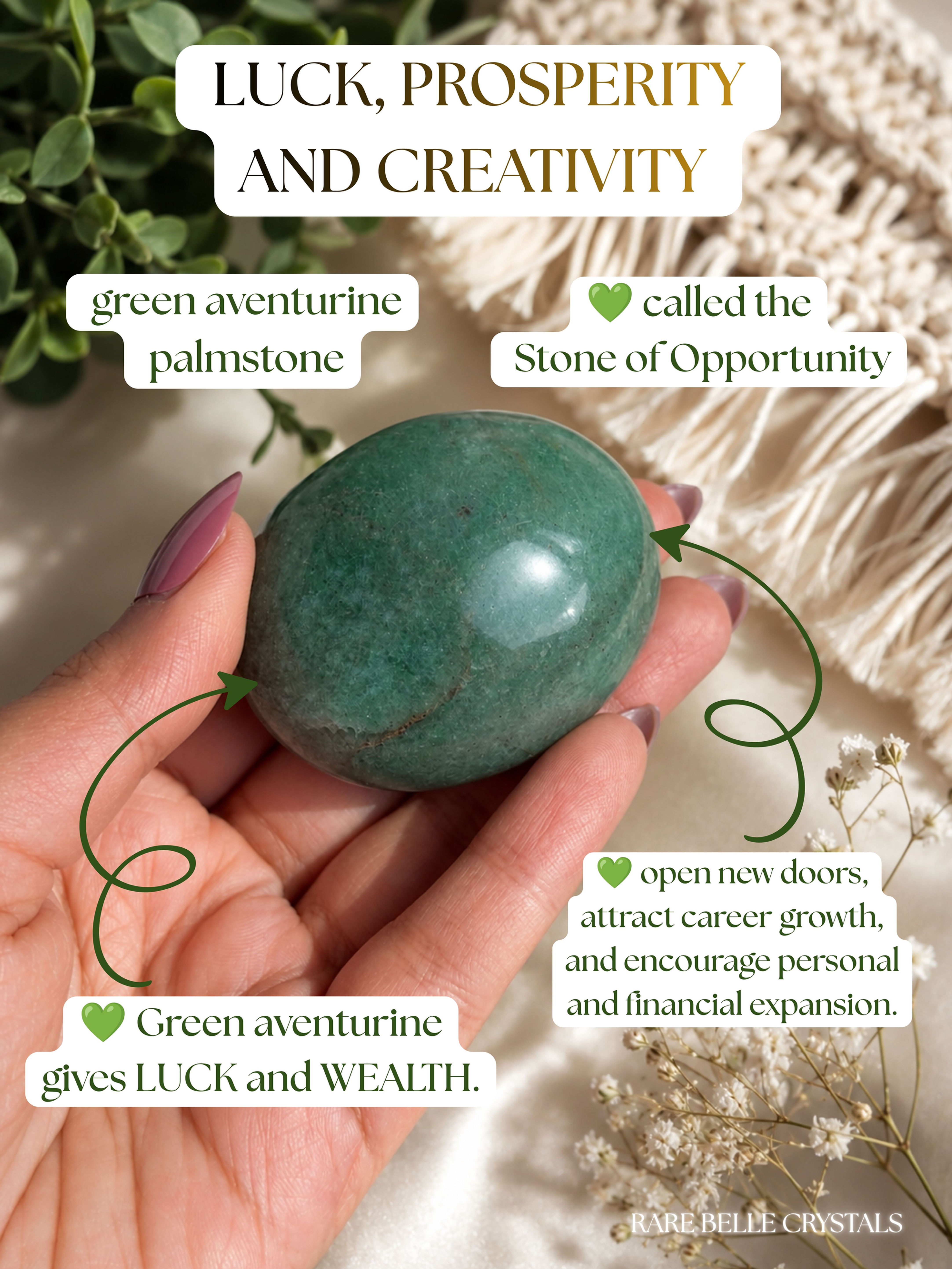 Luck, wealth and prosperity in your life and career- Green Aventurine palmstone