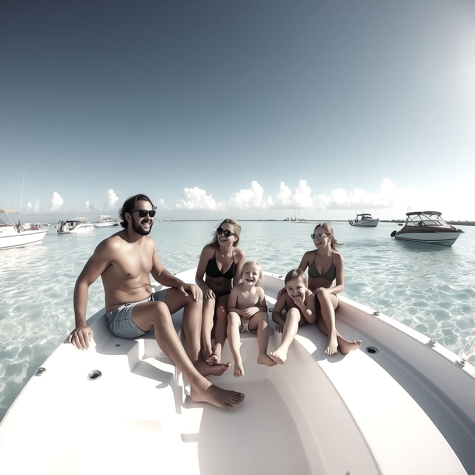 family on a boat at a sand bar with other boats surrounding it having fun.jpg