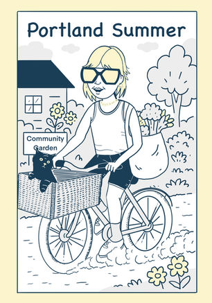 A Portlandian riding their bike with their cat in the basket coming from a farmers market