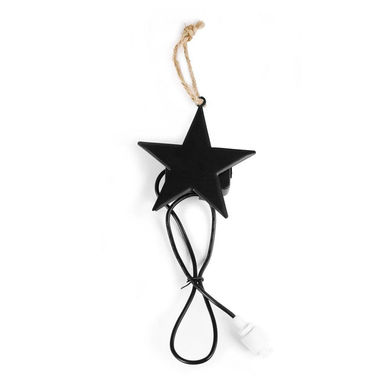 Black metal star ornament with twine hanging. Decorative home decor piece.