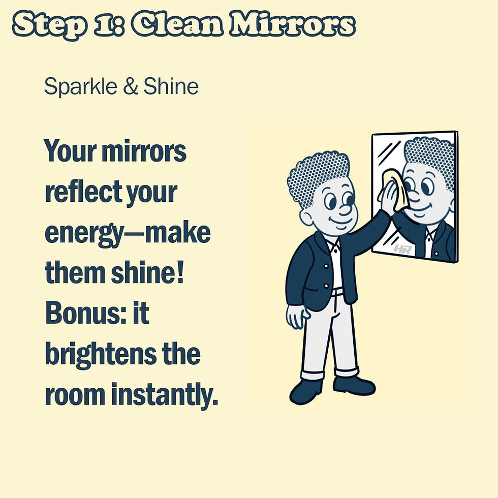 Cartoon person dusting a shelf with the title Step 1: Dust Furniture & Shelves. Text advises working top to bottom and suggests music.