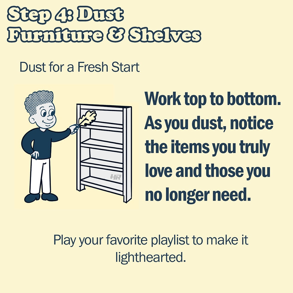 Cartoon character sorts a refrigerator with fruits and groceries. Text: "Step 4: Sort & Wipe Refrigerator. Remove expired items..."