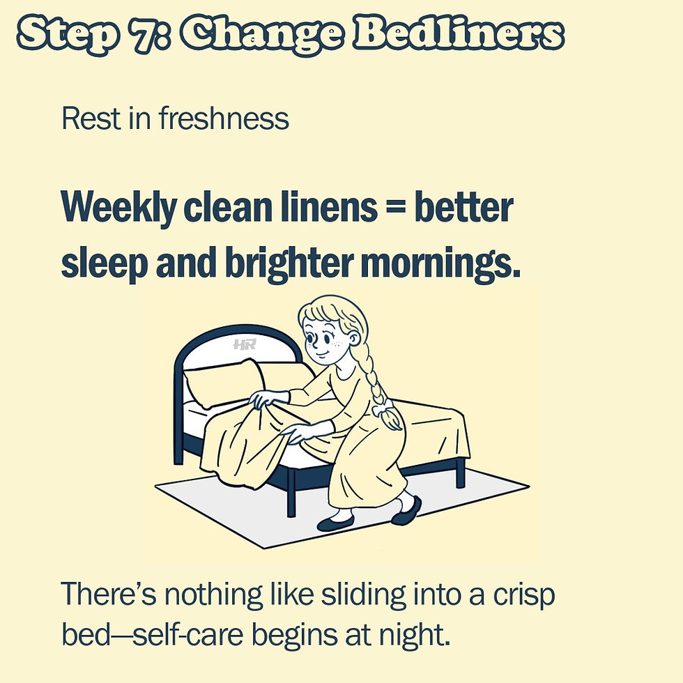 Cartoon character performing cleaning tasks: dusting, mopping, cleaning mirrors, sorting fridge, wiping microwave, scrubbing bathroom. Text: "Your Weekly Joy Ritual".