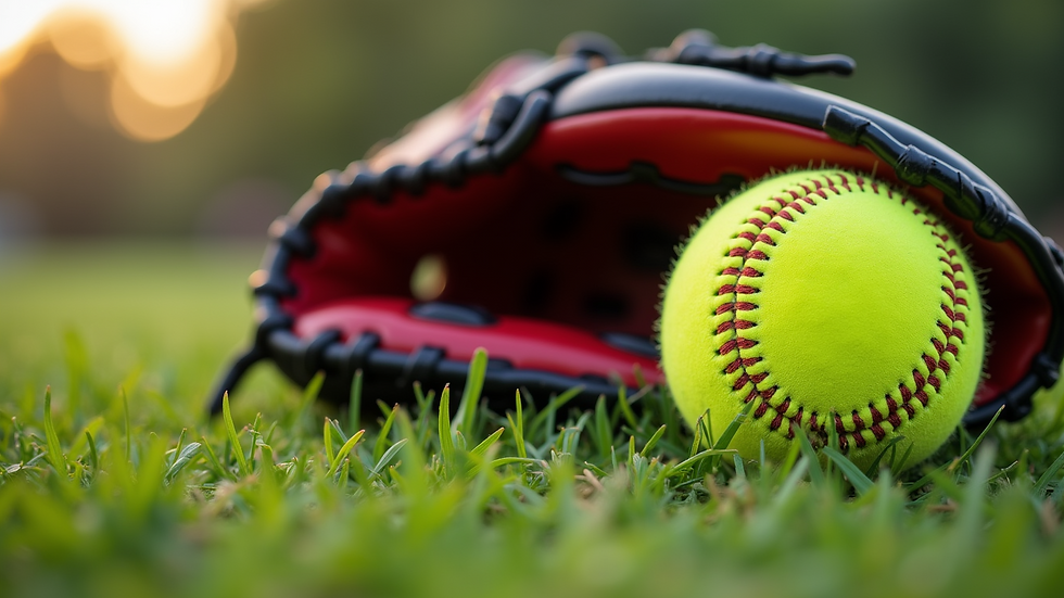 Close-up view of a softball glove and ball on the grass