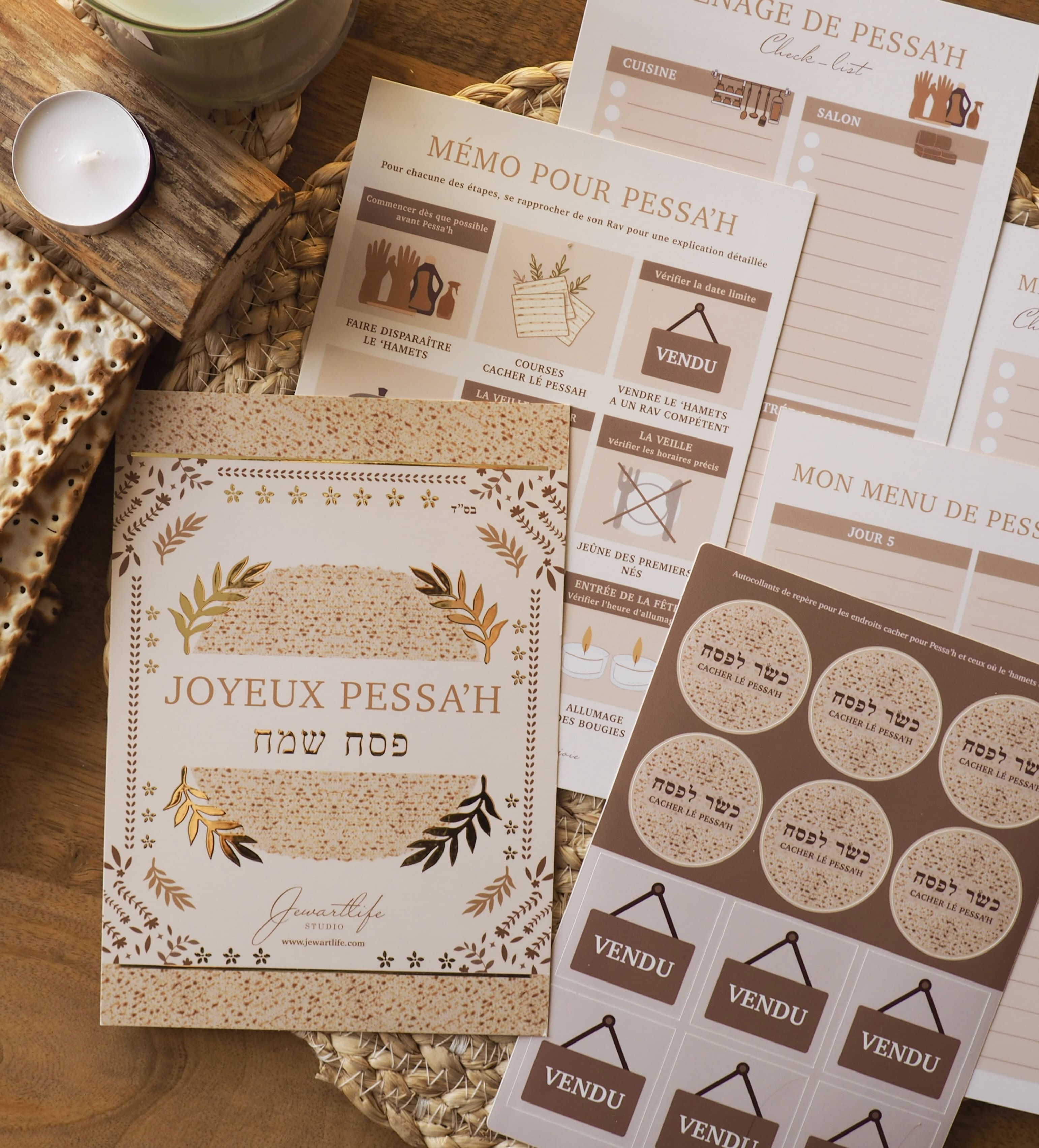 Lot de 3 Kits de l’organisation pour Pessah (cartes & stickers) personnalisables