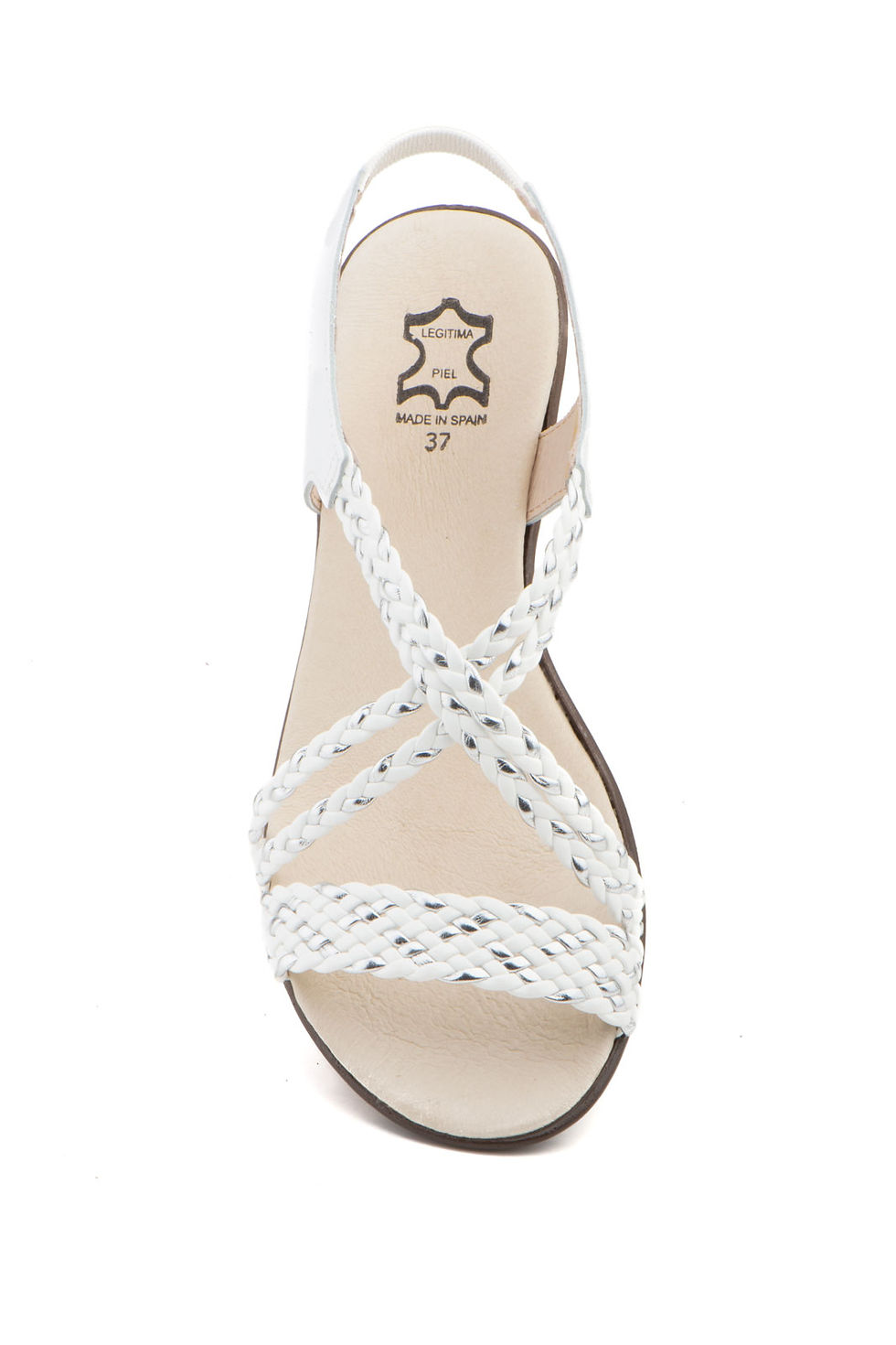 Sandalias Mujer Trenzado Piel Metalizado Blanco Elástico Cuña