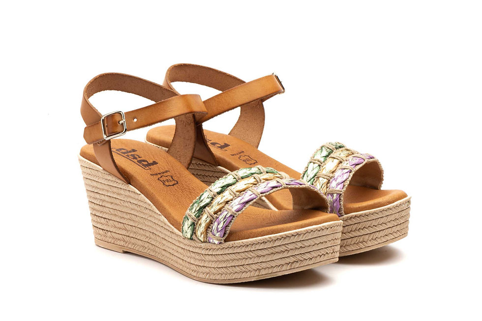 Sandalias Mujer Piel Camel Tiras Rafia Verde Beige Lila