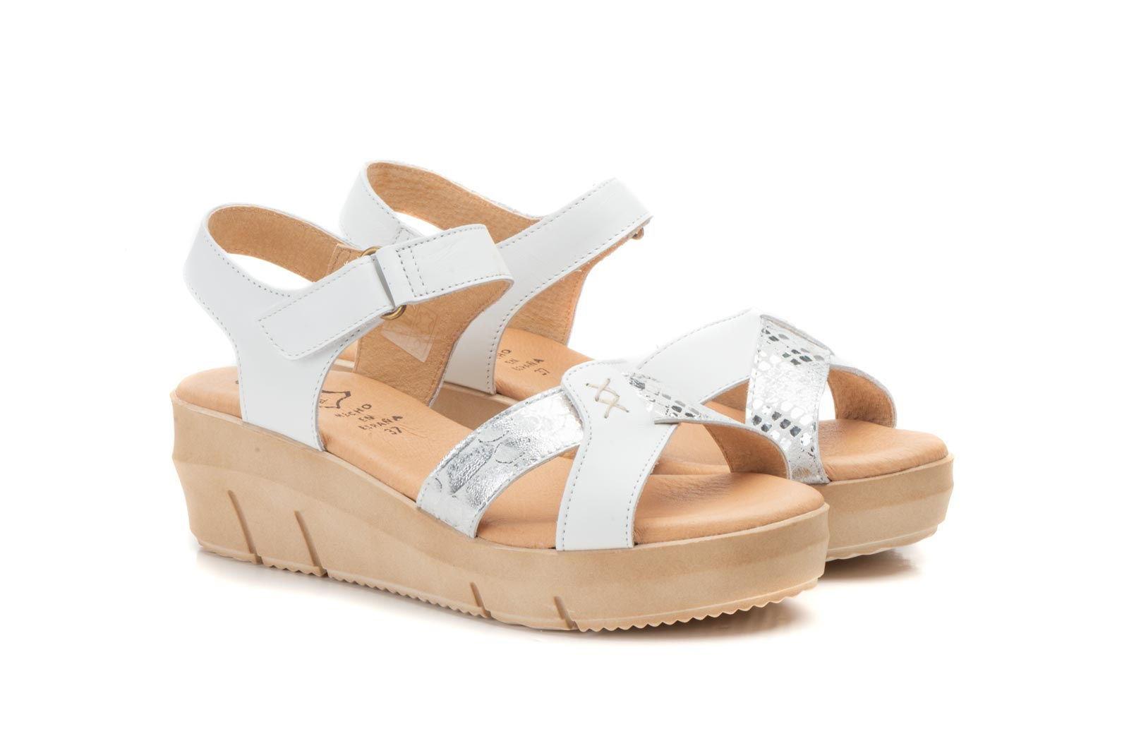 Sandalias Mujer Piel Blanco Plata Velcro Cuña Gel
