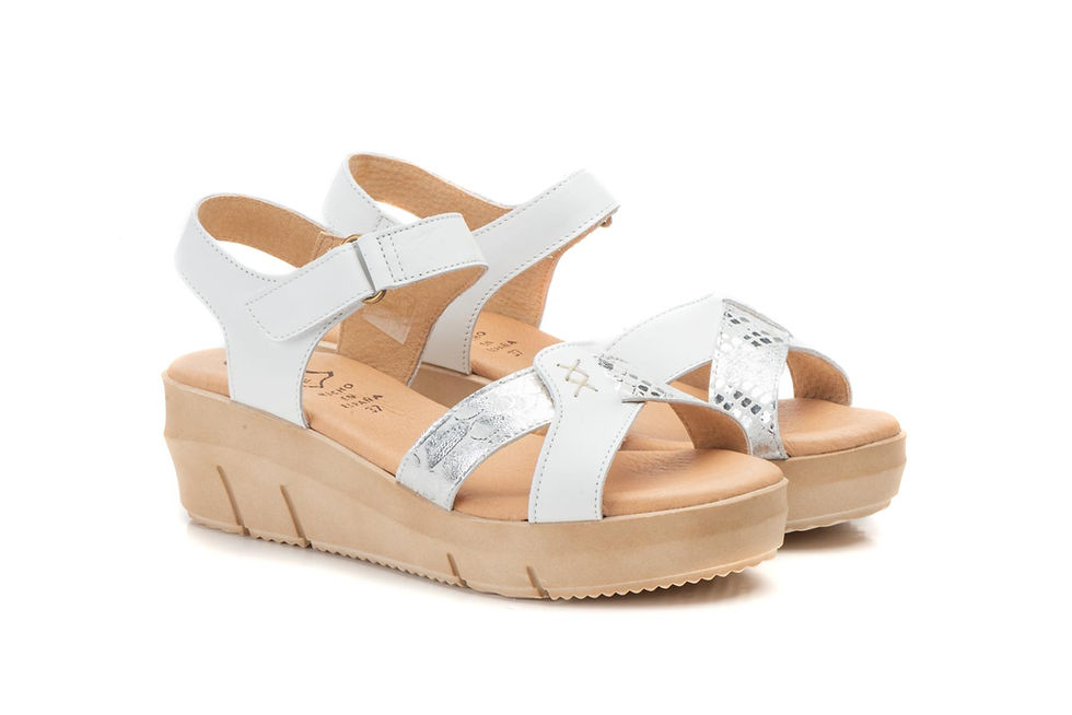 Sandalias Mujer Piel Blanco Plata Velcro Cuña Gel