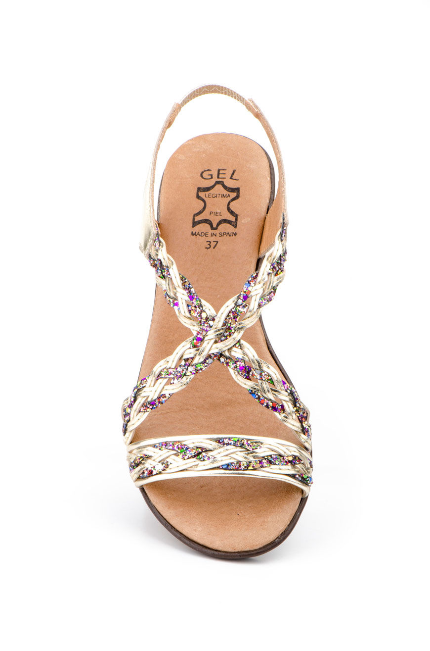 Sandalias Mujer Piel Platino Oro Glitter Planta GEL