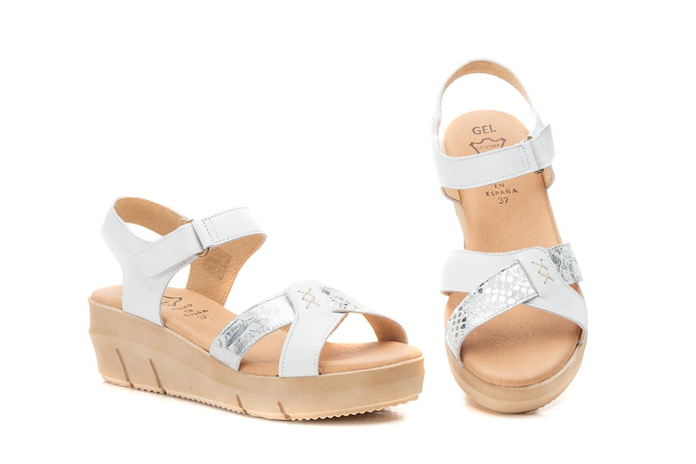 Sandalias Mujer Piel Blanco Plata Velcro Cuña Gel
