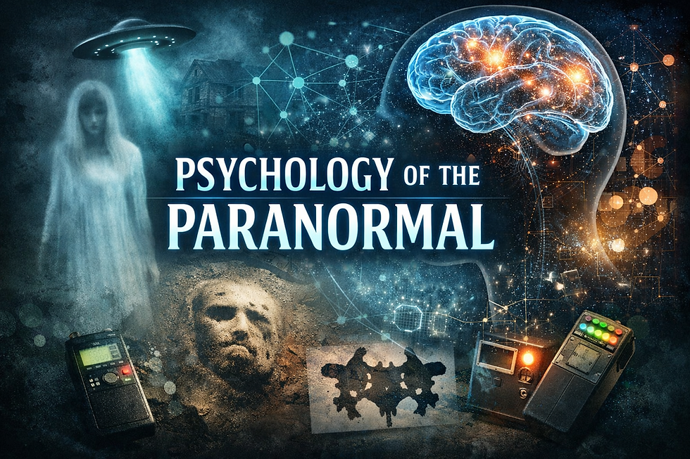 Featured image illustrating the psychology of the paranormal with a glowing brain, ghost figure, UFO, EVP recorder, and the Face on Mars representing perception, pareidolia, and paranormal investigation.