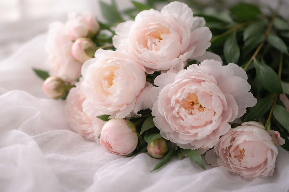 Close-up of pale pink peonies in bloom with soft layered petals and green leaves, representing symbolism referenced during a Reiki session.