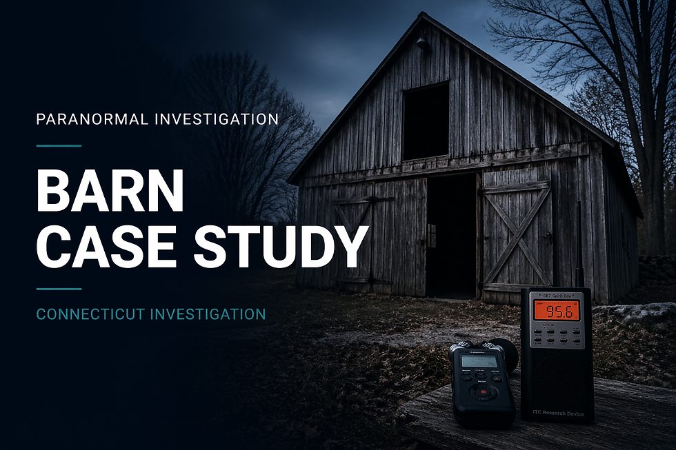 Featured image of a dark wooden barn in Connecticut at dusk with paranormal investigation equipment in the foreground, representing a real barn case study involving EVP sessions and spirit communication.