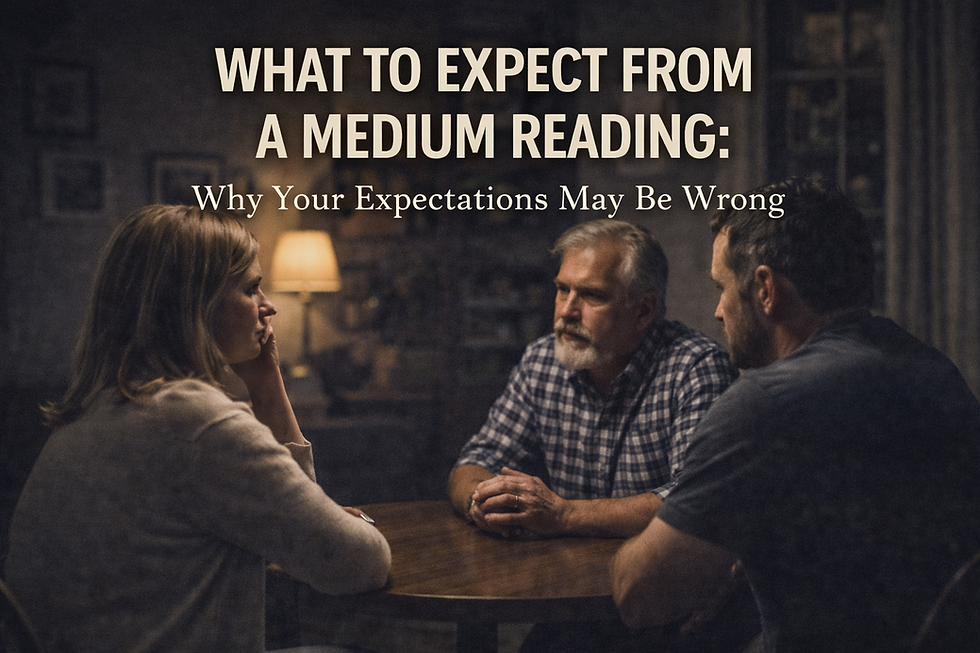 Medium conducting a reading with two clients at a table in a dimly lit room, with the title “What to Expect from a Medium Reading: Why Your Expectations May Be Wrong” displayed above.