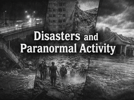 Black-and-white composite image showing the aftermath of major disasters, including a collapsed bridge, rescue workers in debris, and a flooded home, used to illustrate reported links between disasters and paranormal activity.