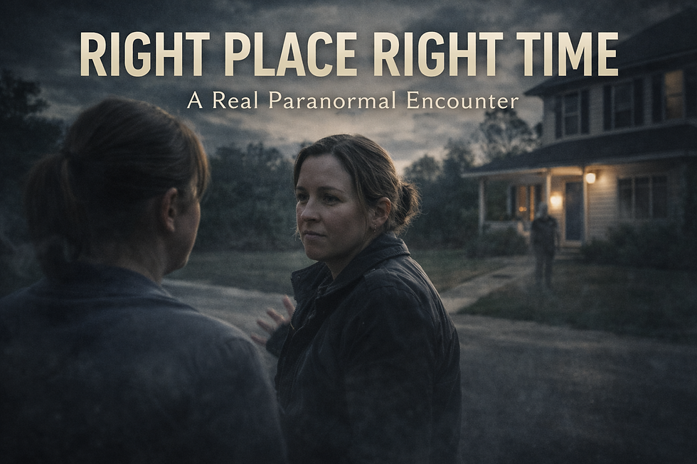 Two women speaking in a suburban driveway at dusk while a faint human figure stands near a house in the background, illustrating a subtle paranormal encounter.