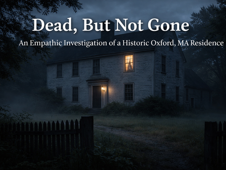 Historic colonial home in Oxford, Massachusetts at dusk with a single illuminated window and light ground fog, featured in a paranormal investigation case study.