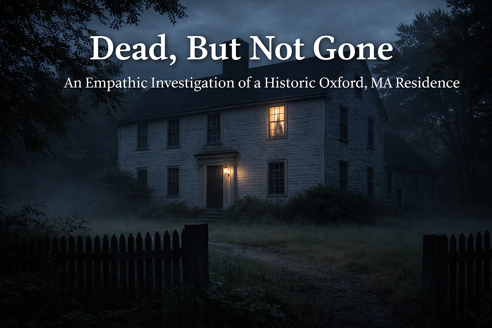Historic colonial home in Oxford, Massachusetts at dusk with a single illuminated window and light ground fog, featured in a paranormal investigation case study.