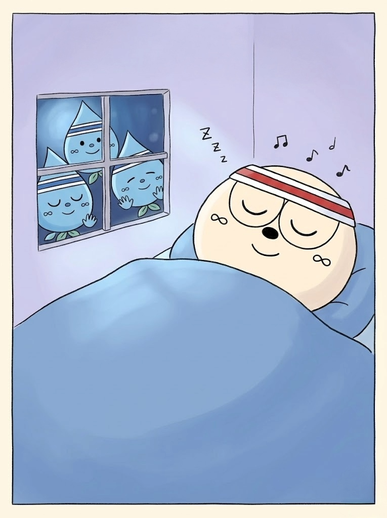 青い布団で眠る人物。窓の外に笑う青い三角帽子のキャラ3人、Zzzと音符が浮かぶ静かな夜。