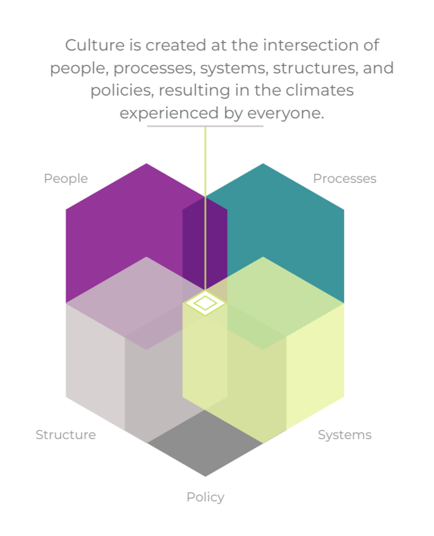 Graphic showing how people, processes, structure, systems, and policy all come together in an organization