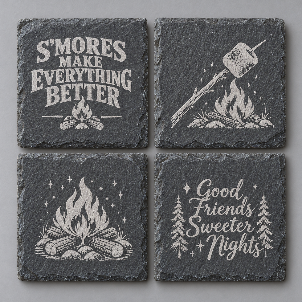 Set of four engraved s’mores slate coasters featuring campfires, a roasting marshmallow, and friendship sayings.