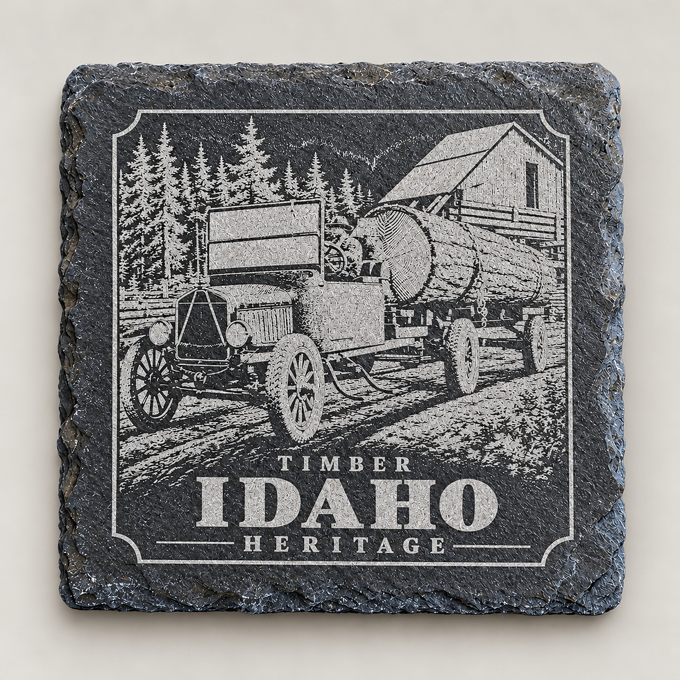 Idaho Heritage slate coaster with an engraved timber truck design