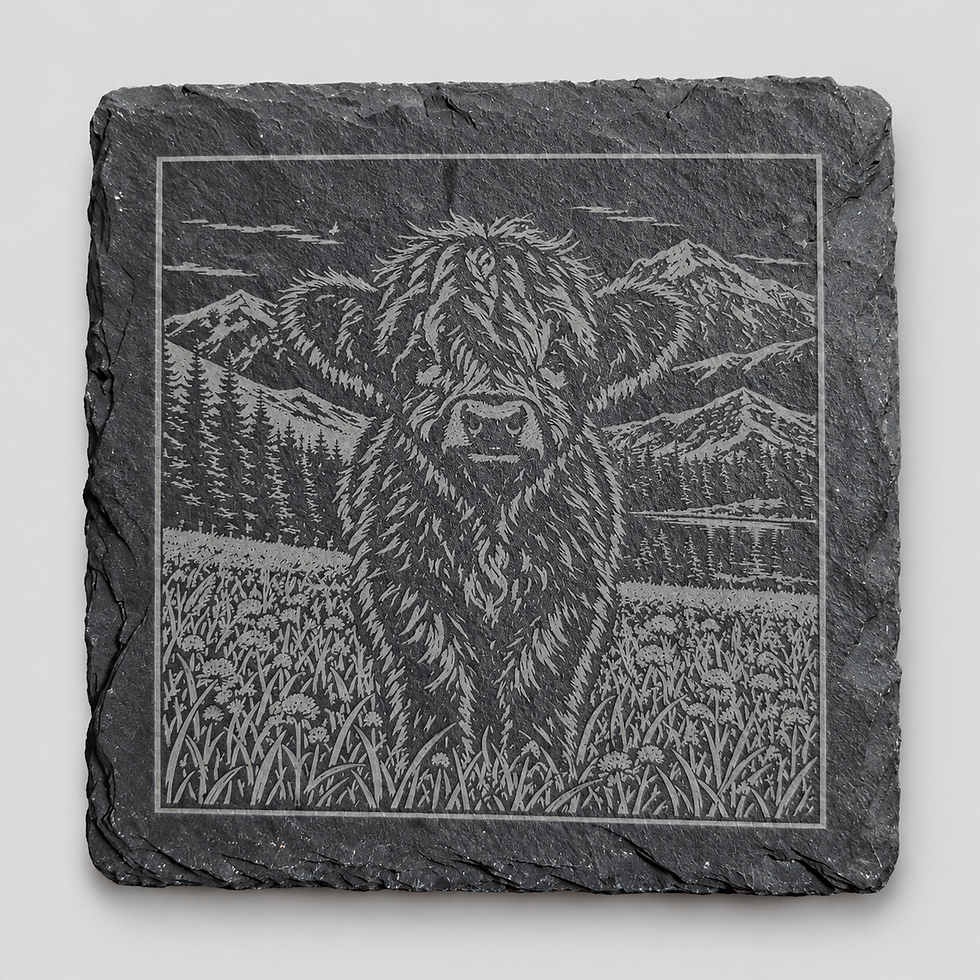 Highland calf in a mountain meadow, laser engraved on a square slate coaster