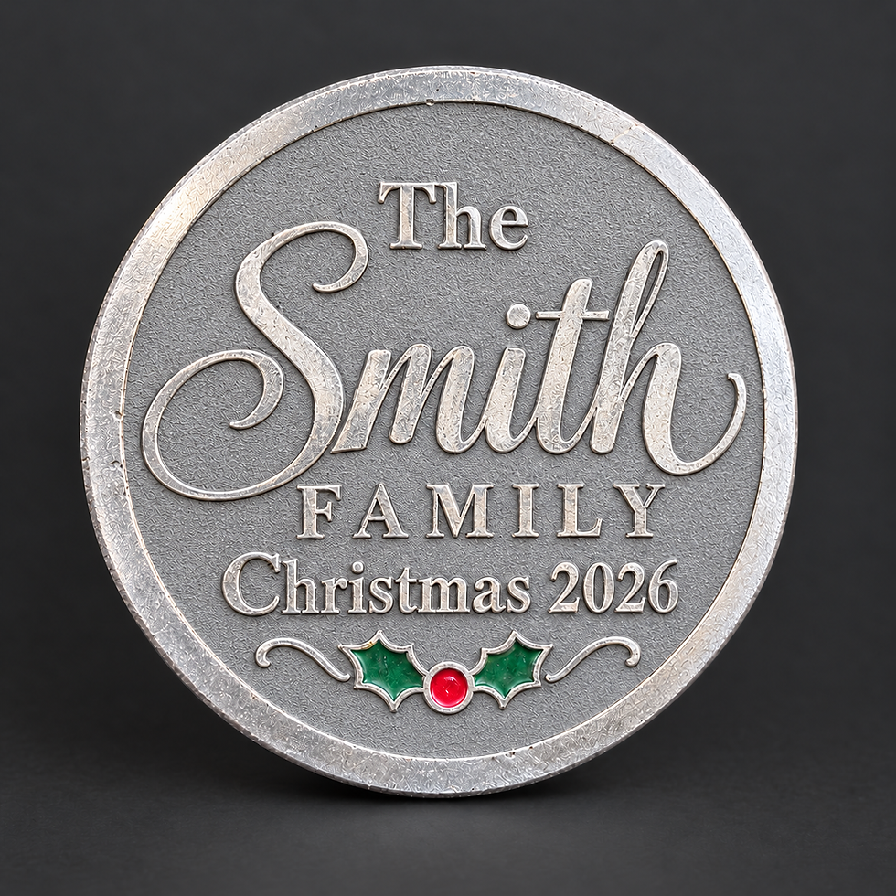 Family Christmas 2026 Personalized Aluminum Ornament with engraved silver detail and paint accents