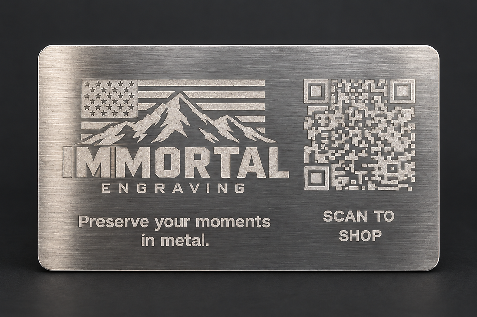 Robust brushed aluminum business card — front with Immortal Engraving logo and QR code
