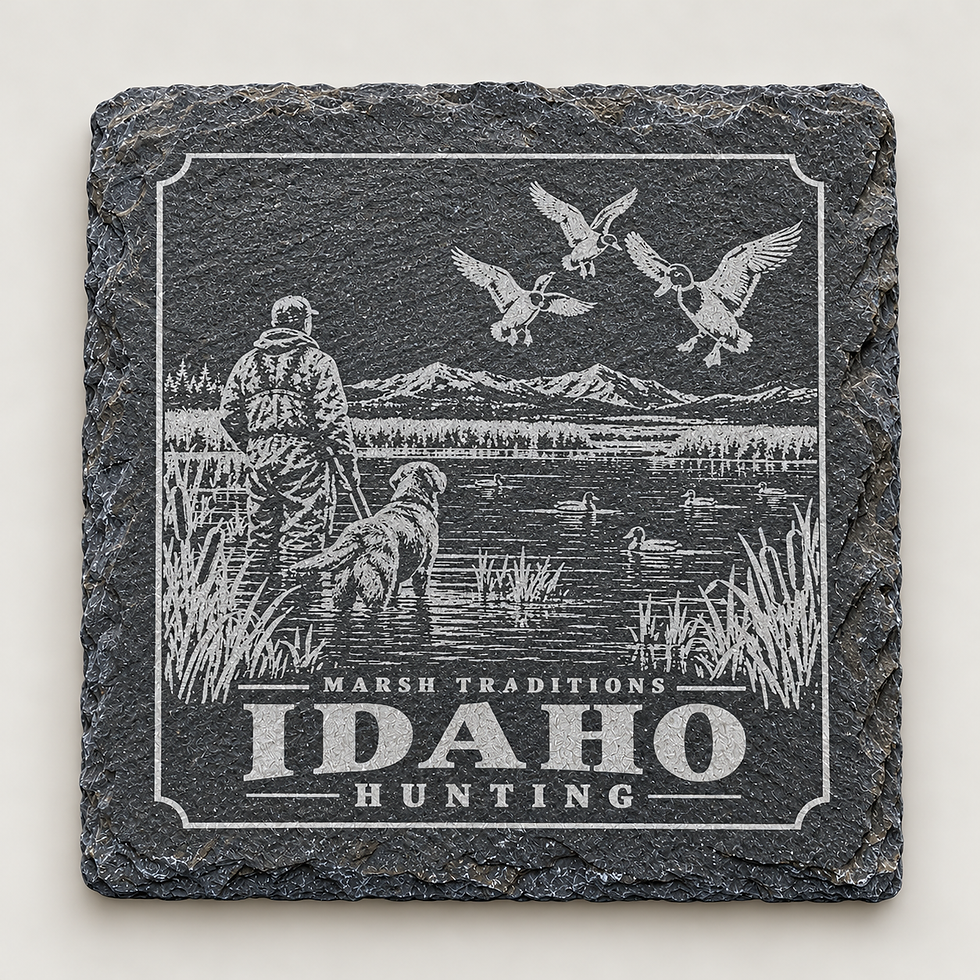 Idaho Hunting slate coaster with an engraved duck hunting scene