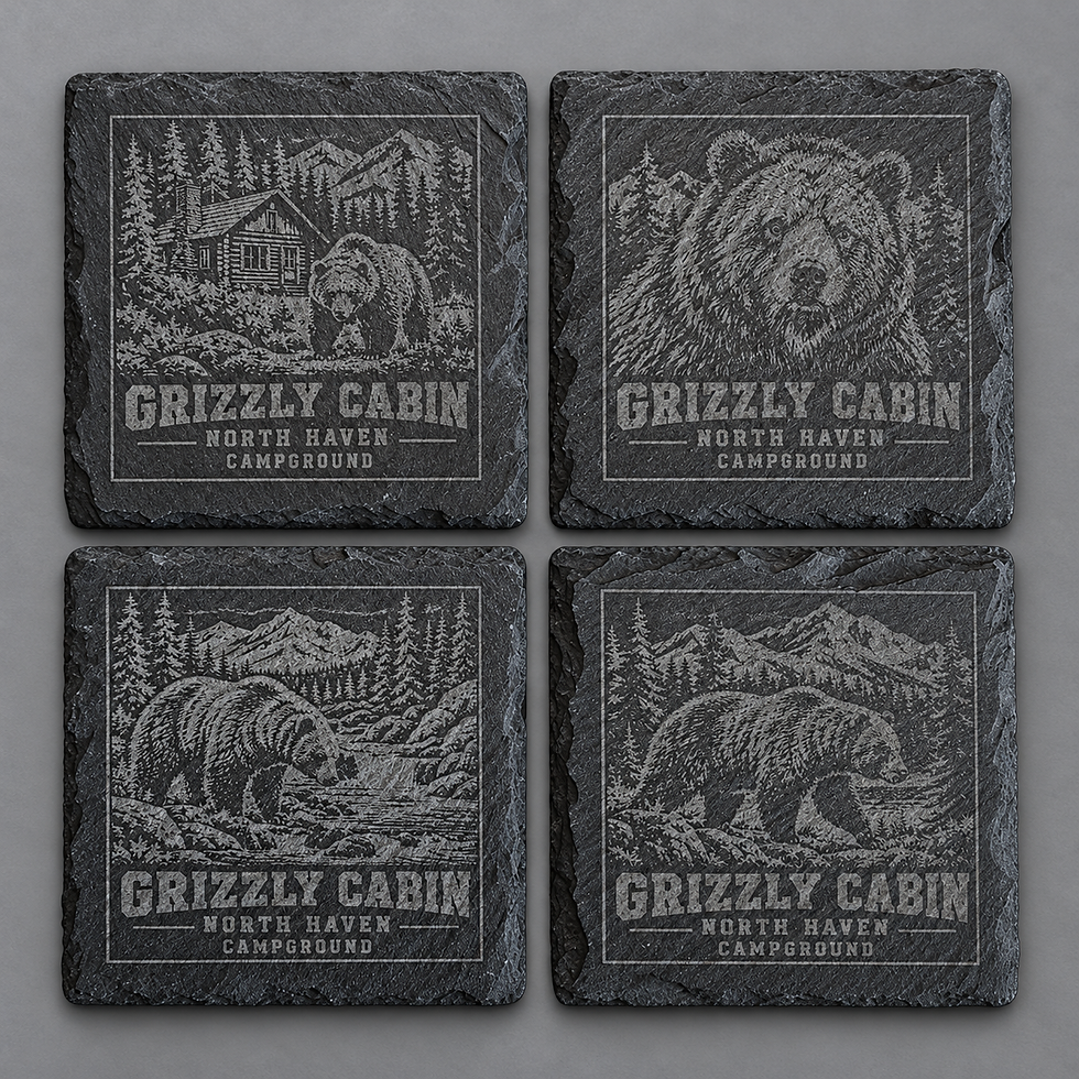 Custom engraved slate coasters for Grizzly Cabin with wildlife artwork and cabin name